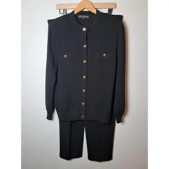 ST. JOHN BASICS Santana Knit Cardigan And Pants Black Military Gold Button M